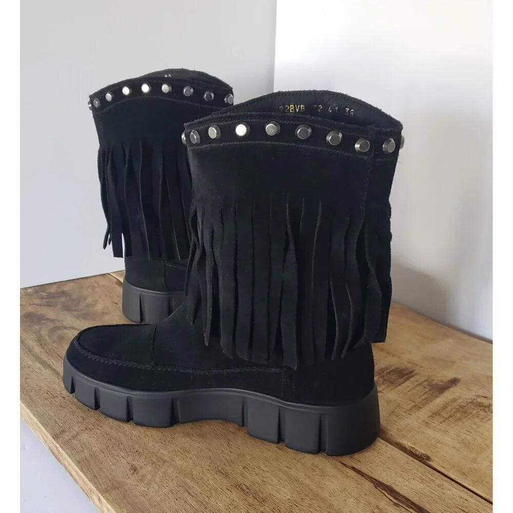 NWT Geox Ghoula Suede Fringe Studded Mid-Calf Chunky Lug Sole Winter Boots Sz 8